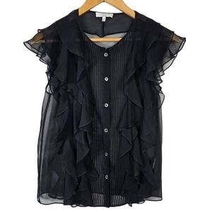 Adam Lippes Black Silk Ruffle Sheer Cap Sleeve Button‎ Front Blouse Top Size 2